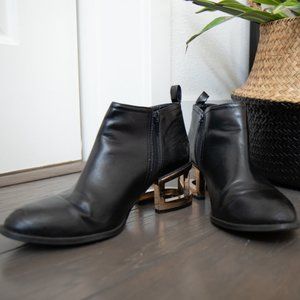 FOREVER 21 black faux leather booties gold heels